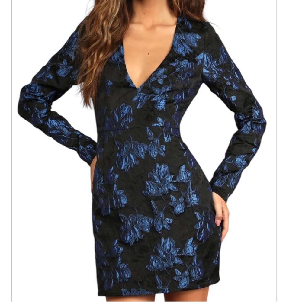 Lulu's Black Mini Dress with Blue Floral Jacquard